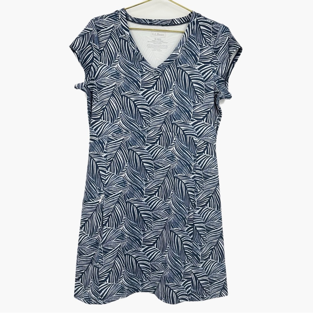 L.L. Bean V Neck Knit Dress Navy White Leaf Print Medium - Picture 2 of 10